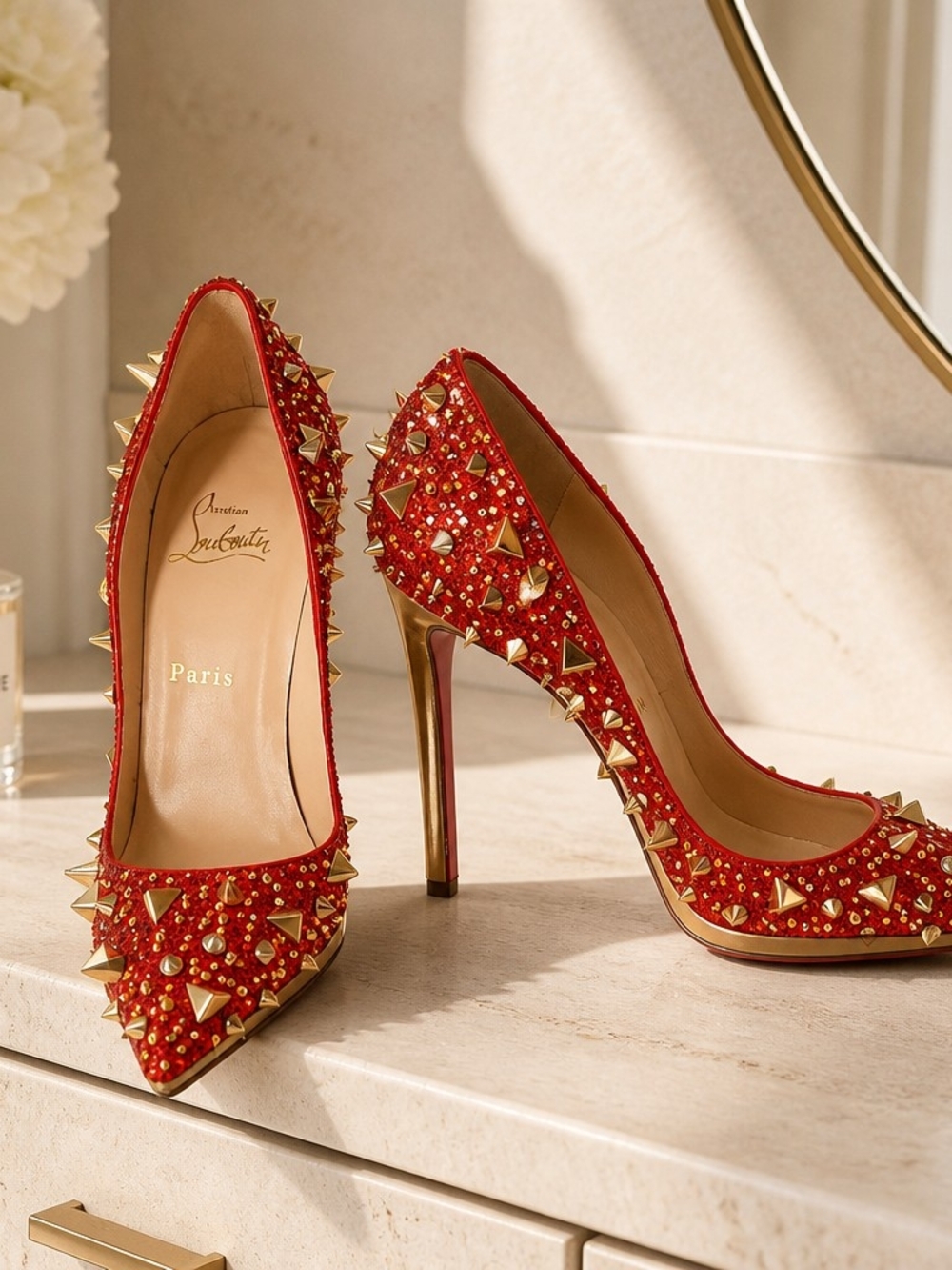 Christian Louboutin Red Studded Pointed-Toe Stiletto Heels - Picture 9 of 16